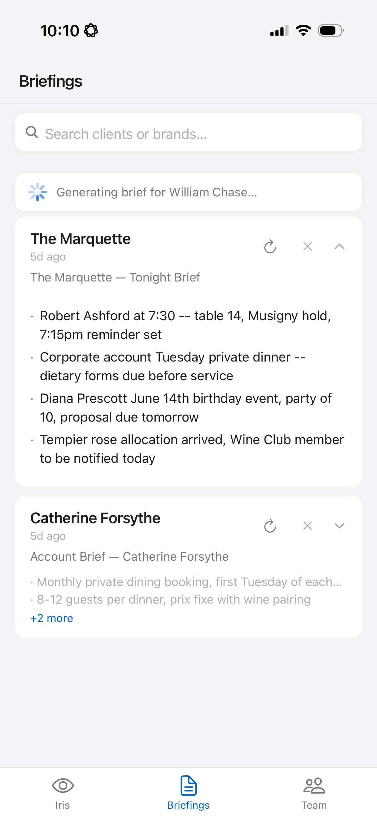 Iris preparing a restaurant team with tonight's guest briefings