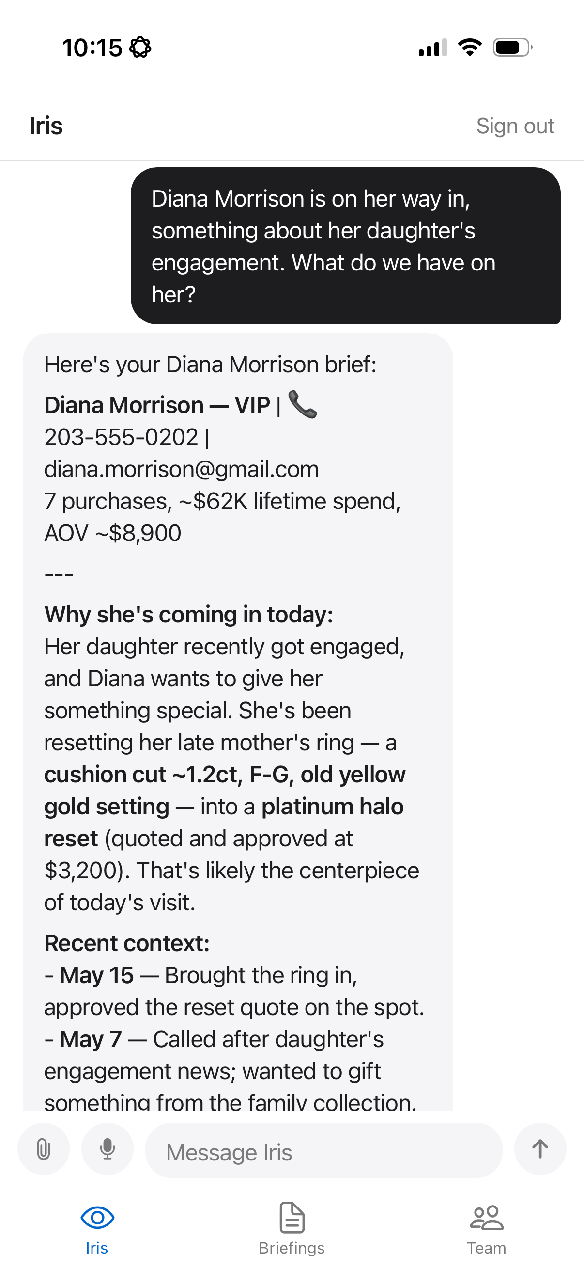 Iris surfacing deep relationship history for a jewelry associate