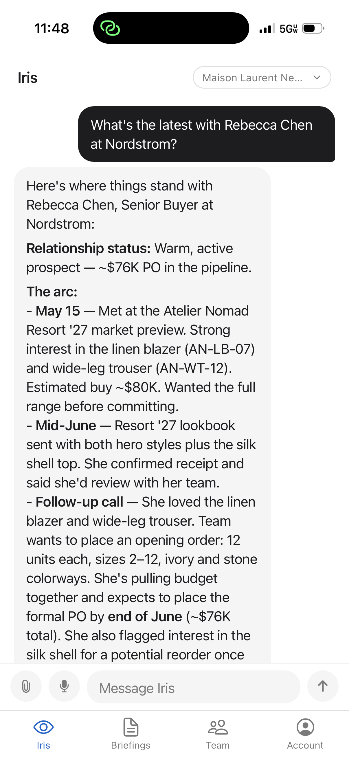 Iris surfacing buyer history for a wholesale showroom associate